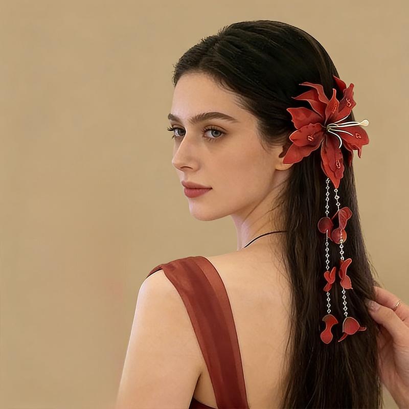 1PC long fringed bead chain red flared flower hairpin, women's fashion red flower long fringed side clip