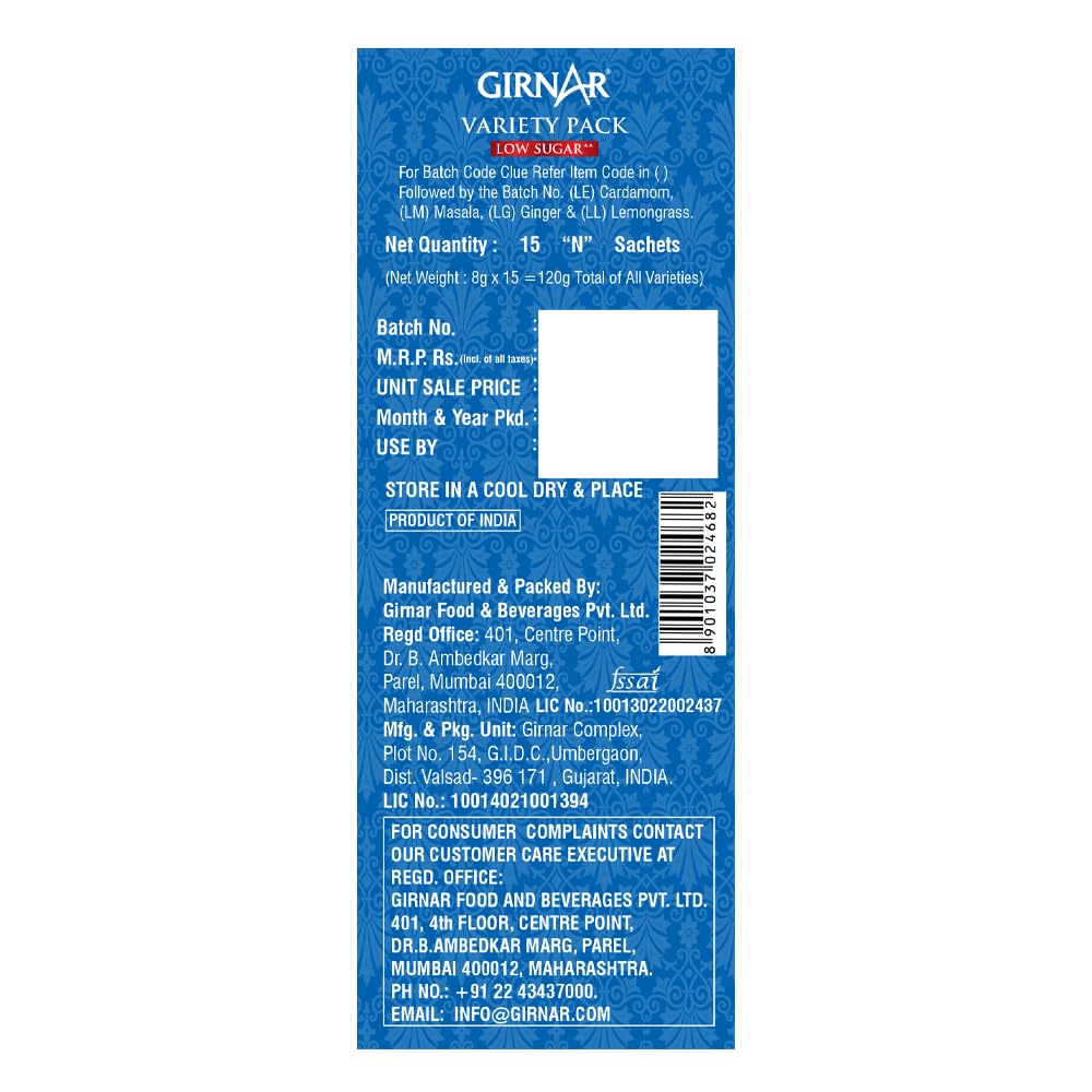 Girnar Prémélange Instantané pour Thé Variété Faible en Sucre 15 Sachets Masala Gingembre Cardamome Citronnelle