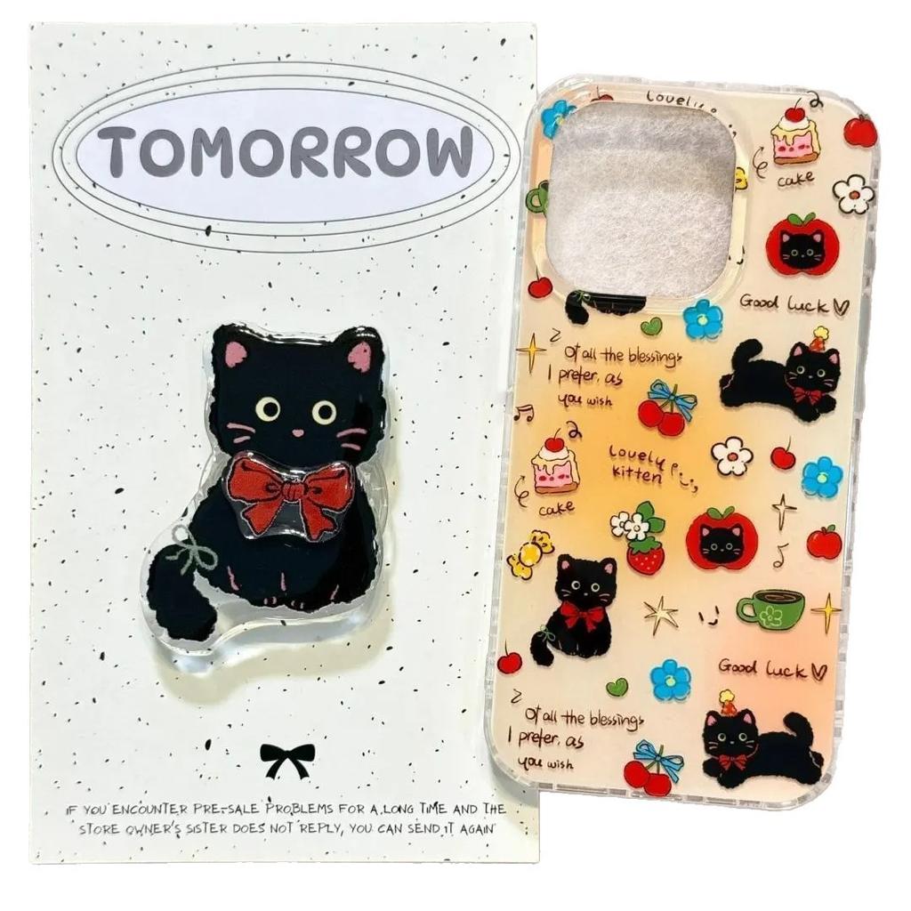 IDM Großes Loch Niedliche Schwarze Katze mit Ständer und Kette für Apple 17/15 Promax Handyhülle für IPhone