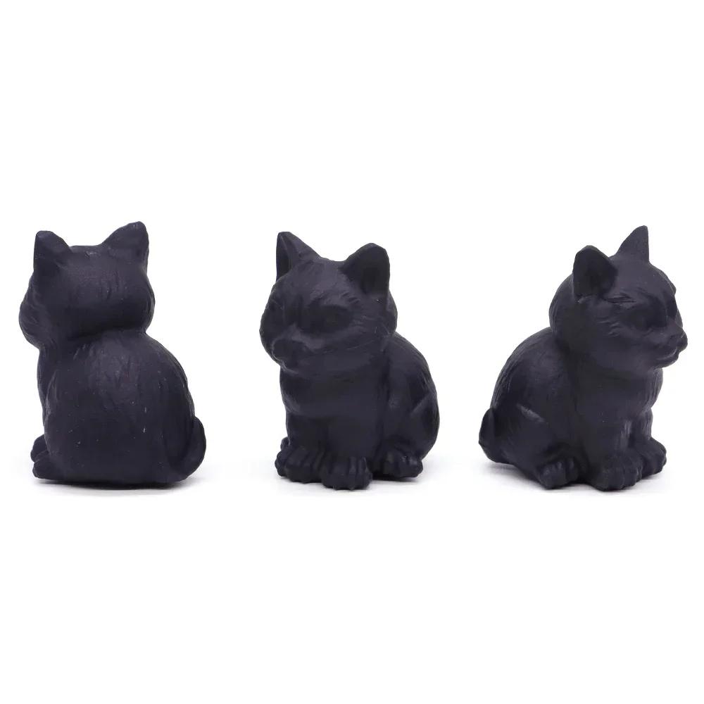 2" Söt Katt Naturlig Matt Svart Obsidian Reiki Healing Kristallsten Snideri Hemdekoration Ädelsten Djurstaty Hantverk Gåva