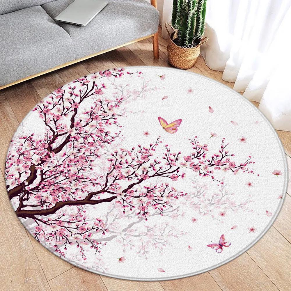Round Rug – Koi Lotus Cherry Blossom Ink Art Carpet for Living Room Bedroom Home Decor
