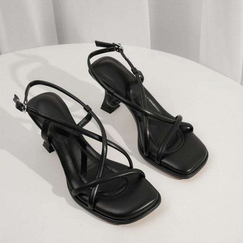 2025 New French Cross-strap Square Head Sandals Women's Summer Temperament High Heels Versatile Stiletto Roman Shoes