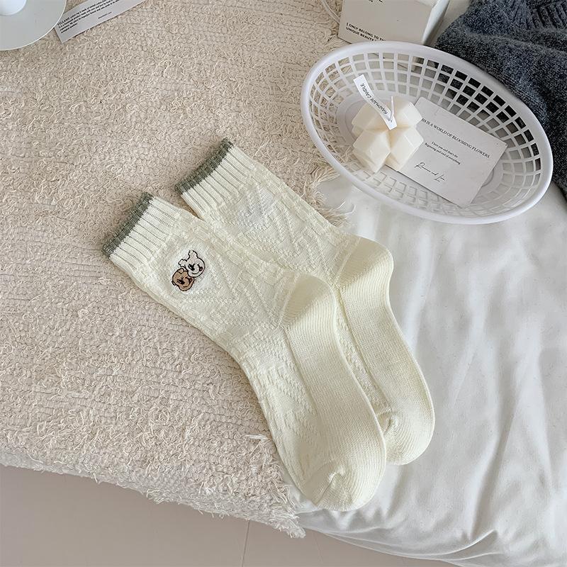 Sock Children's Cute Cartoon Embroidered Puppy Mid-length Socks with Contrasting Color Snap-on Double-needle Pile-up Design for Autumn and Winter