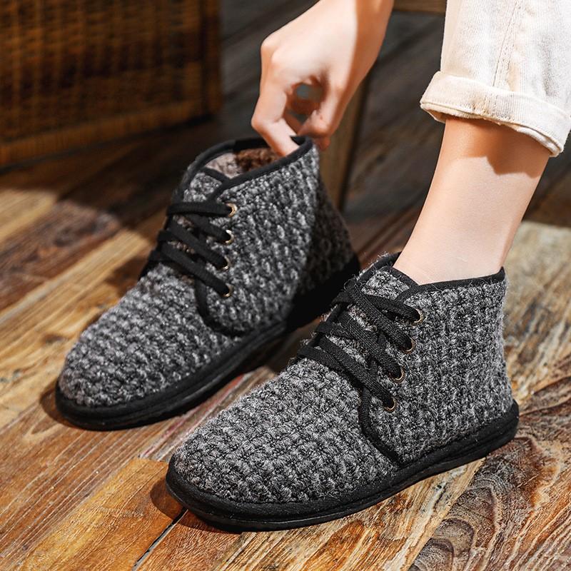Johnature Casual Women's Short Boots Plush Warm Cotton Shoes Handmade Soft Sole Lace-up Cloth Shoes