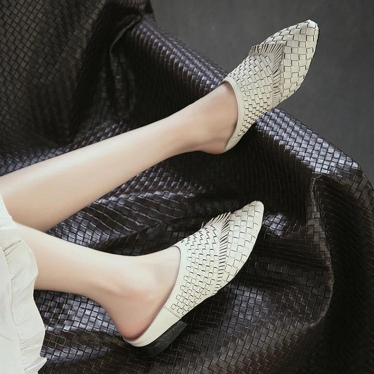 Johnature Low Heel Outdoor Slippers Fashion Pointed Toe Woven Genuine Leather Women's Slip-on Shoes