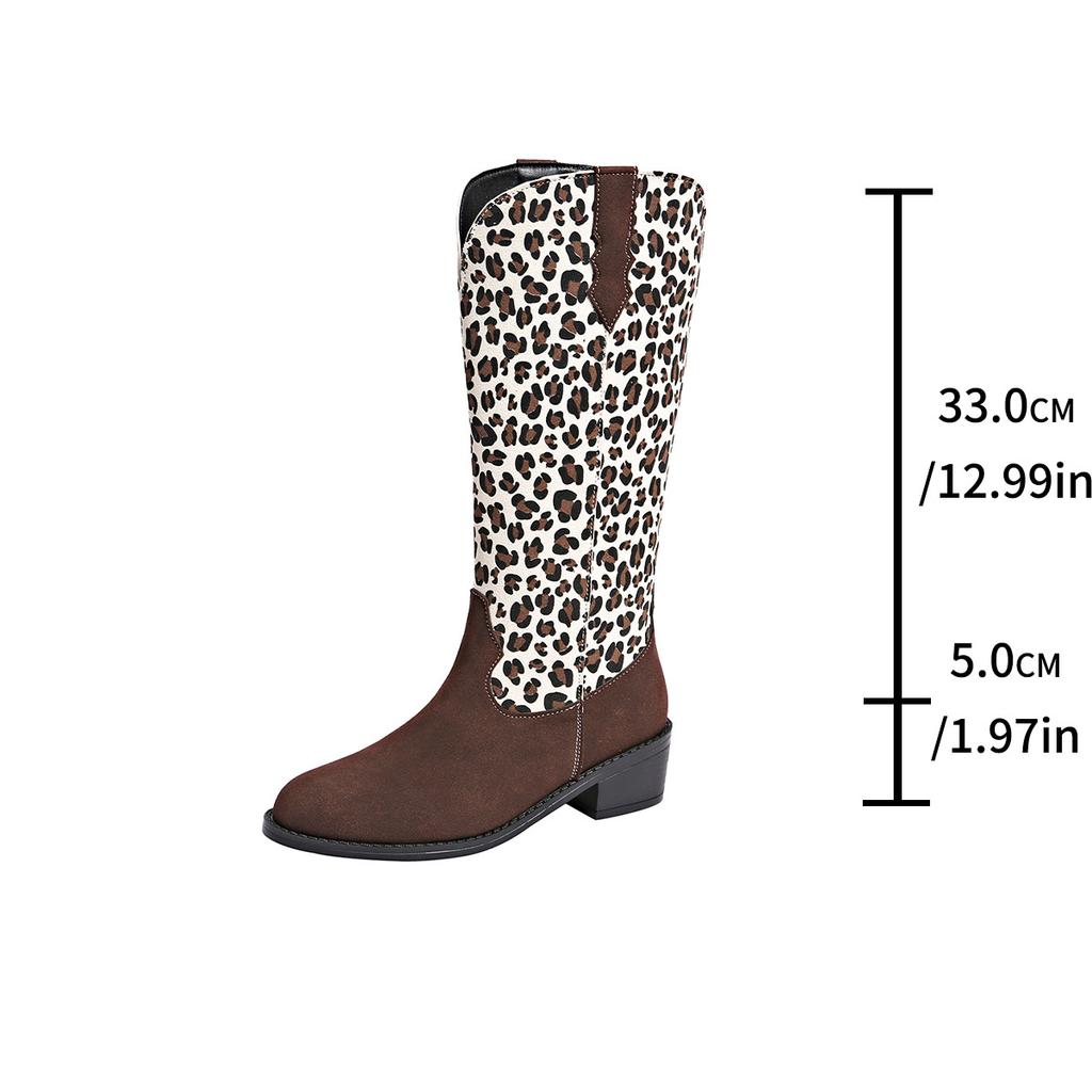 Leopard print European and American sleeve but knee boots autumn new women's large size thick heel knight boots