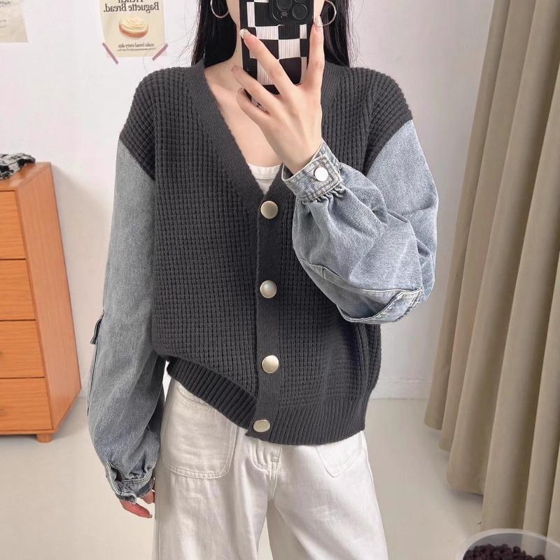 Splicing Denim Knitted Cardigan 2025 Autumn and Winter New Korean Version Loose Casual Versatile V-neck Sweater Jacket Women