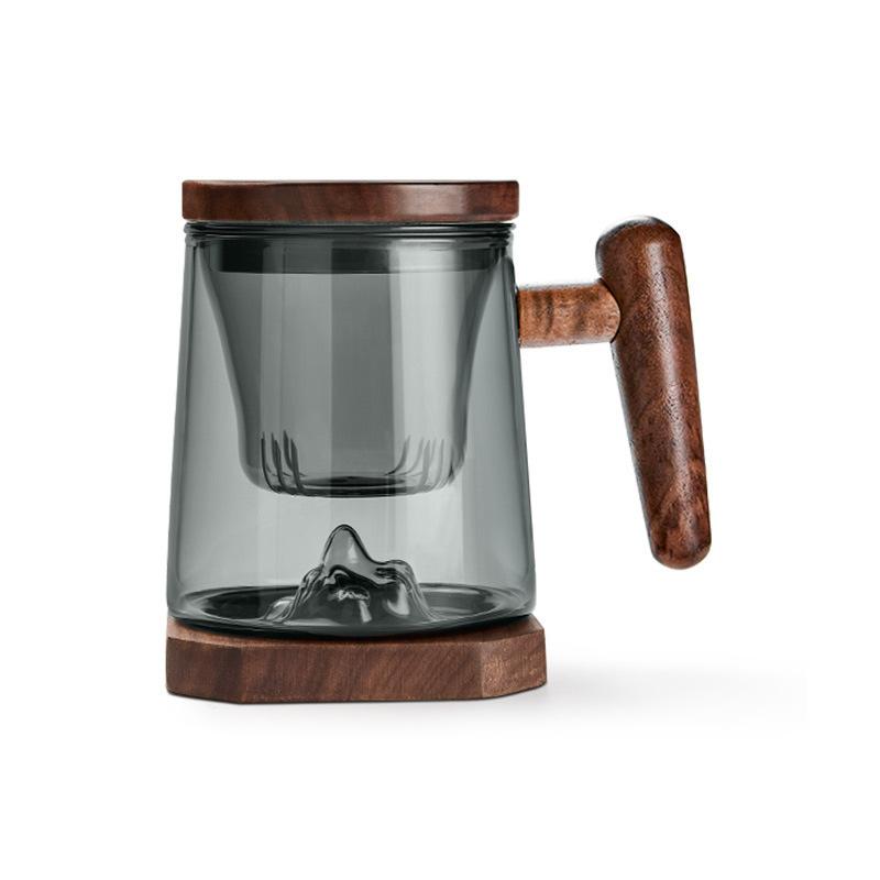 Tea Separation Filtration Glass Tea Cup Wood Handle Coaster Tea Water Separation Container With Infuser Filter Tea Making Cup