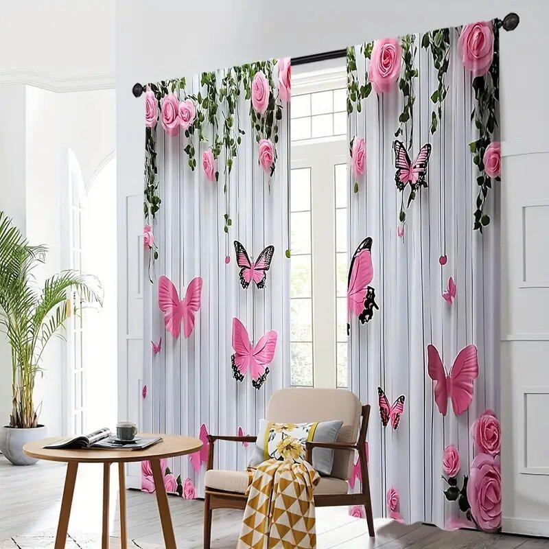 Butterflies and Pink Roses - Pole Bag Curtains, Bedroom and Kitchen Decoration, Home Decoration, Living Room Decoration