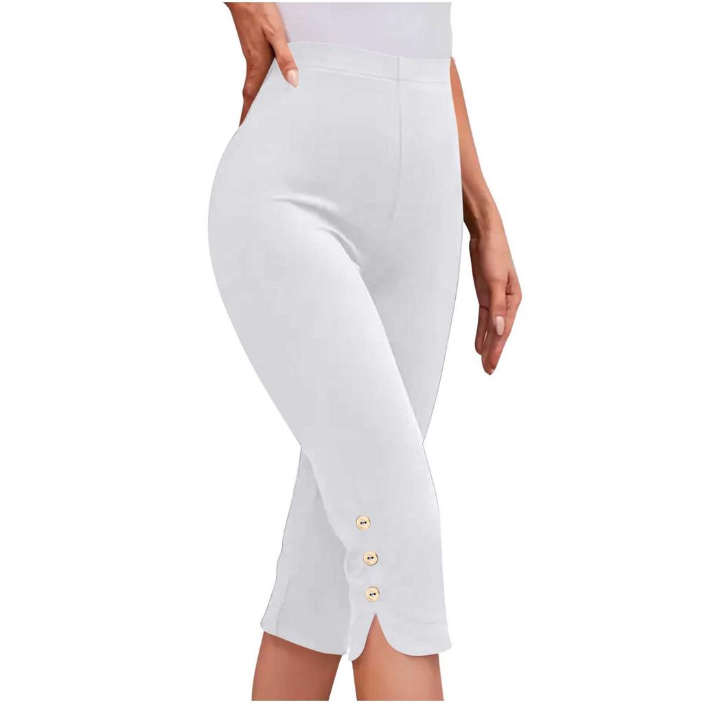 Damenmode Farbe Lässig Unterhose Knopf Sport Schlank Sieben-Viertel-Hose