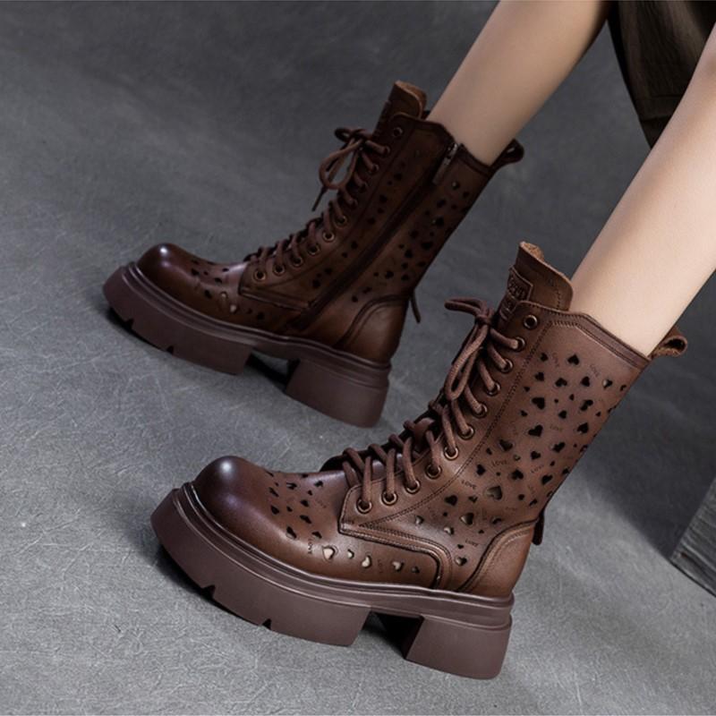Fashion GKTINOO 2025 New Hollow-out Breathable Summer Mid-calf Boots Fashion Women's Shoes Genuine Leather Thick Soled Sandals