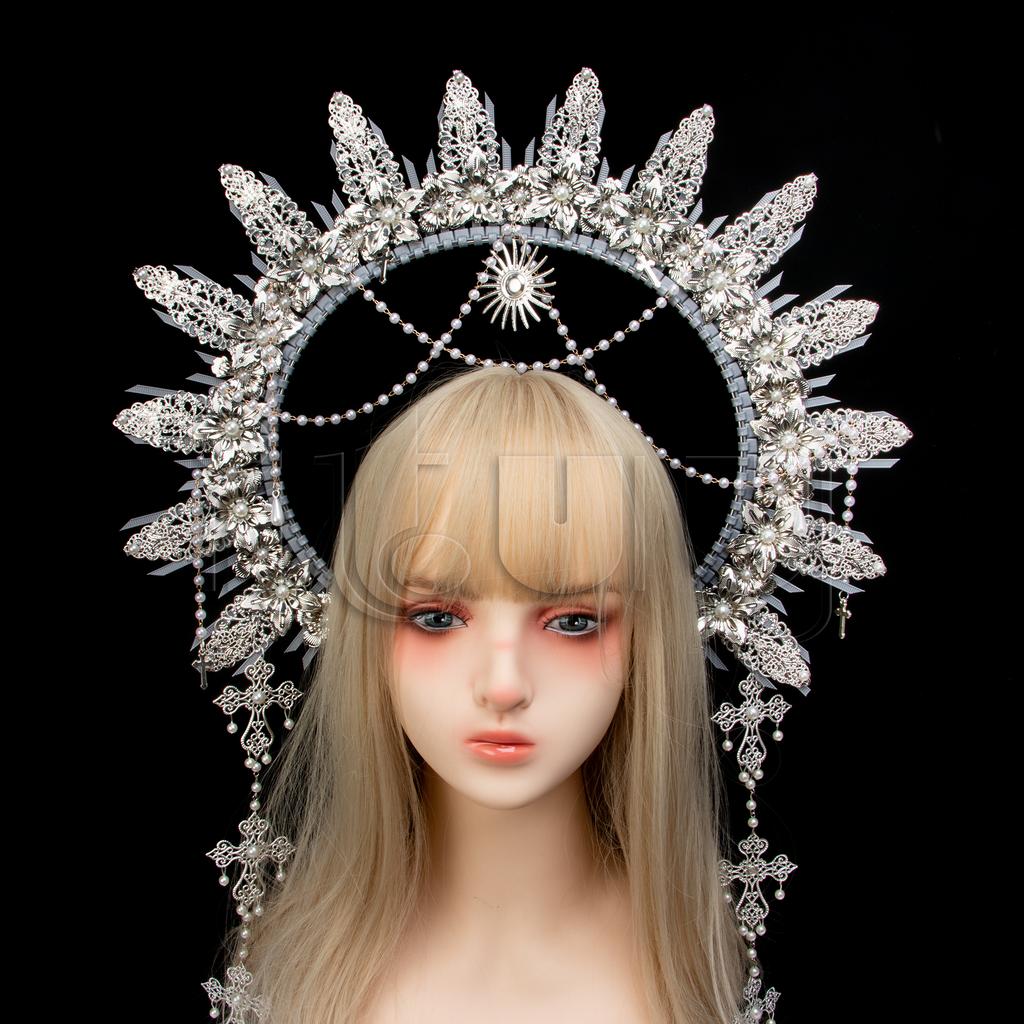 Sun Goddess Halo Crown Baroque Golden Headpiece KC Tiaras Wedding Crown Lolita Exaggerated Complete Headpiece Photoshoot Props