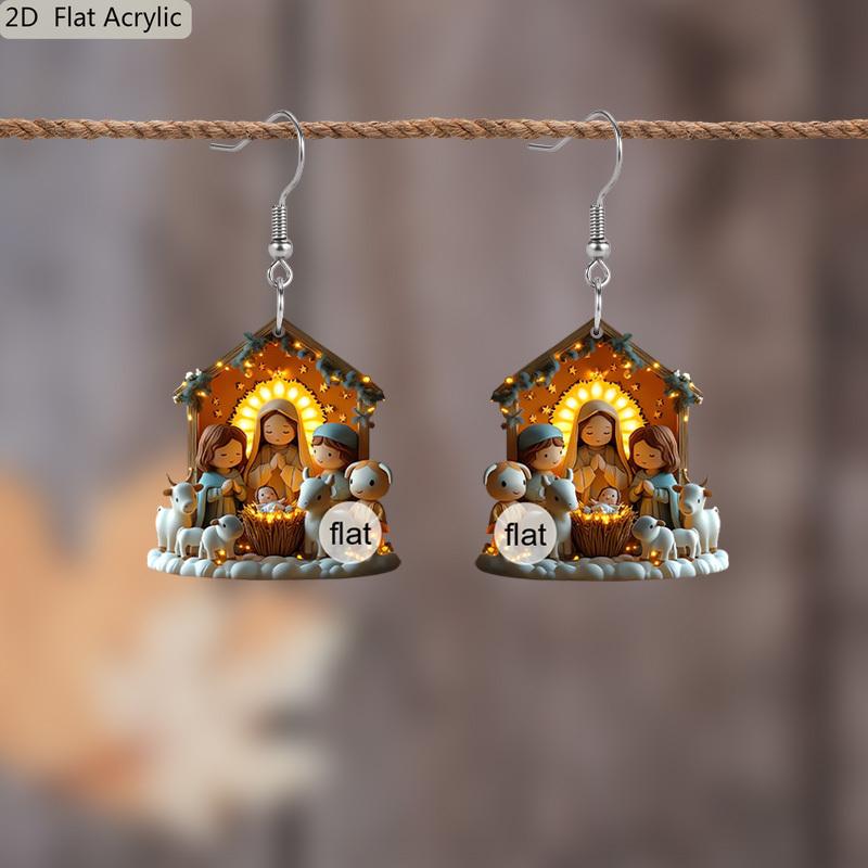 2D Flat Art Nativity Scene Epiphany Jesus Nativity Pattern Christian Spirit Religious Painting Acrylic Earring Jewelry for Women Female