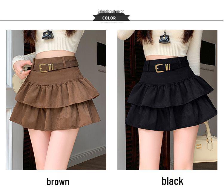 Air Layer Suede Plush High-Waisted Ruffle Short Skirt