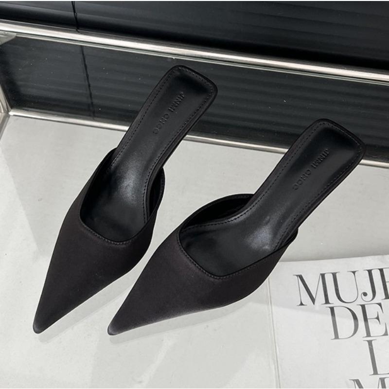 Luxury Black Fashion Concise Pointed Toe High Heel Shoes Women Slippers Thin Low Heels Casual Party Pumps Slide Mules Shoes