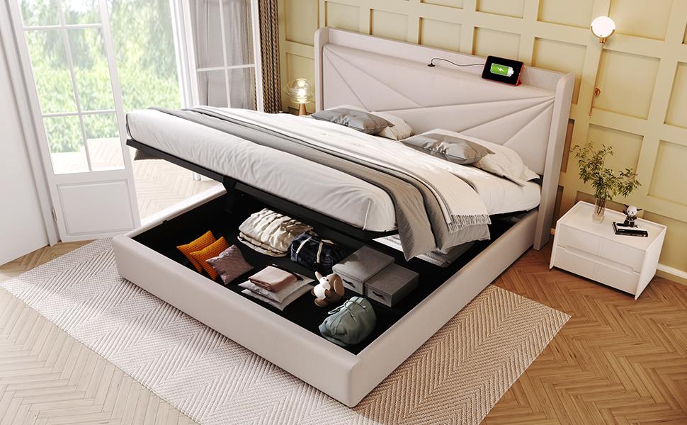 (=821415AAB) Upholstered Double Bed with Storage, USB Type C Charging Headboard, Linen Bed Frame, Youth Bed 180x200, Slatted Frame (Without Mattress)