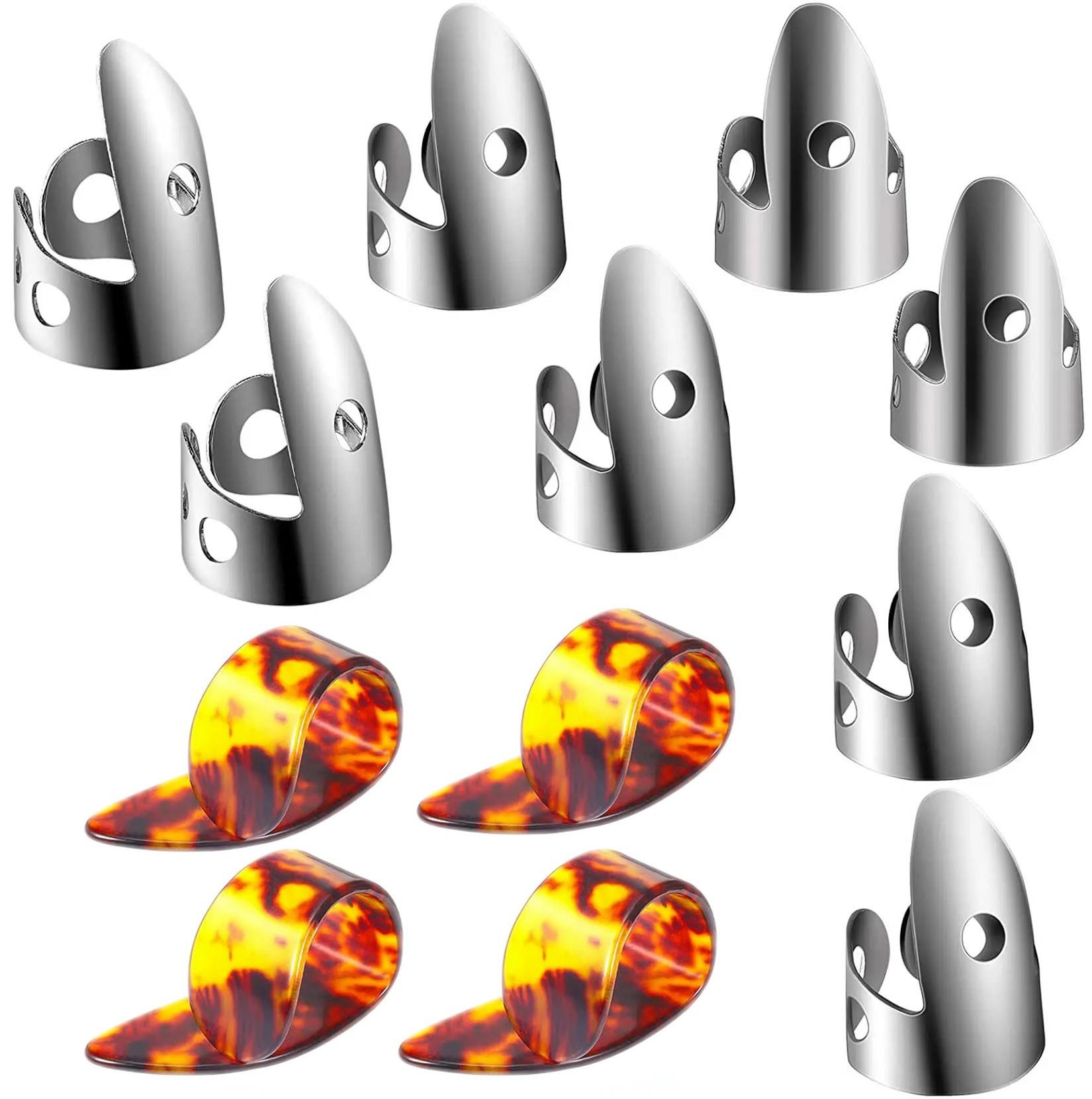 

Медиаторы для гитары: 8 регулируемых медиаторов из нержавеющей стали и 4 пластиковых медиатора для большого пальца. оранжевый