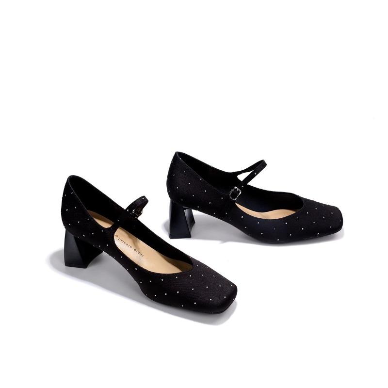 New Autumn Black Polka Dot Diamond Embedded Thick Heel Square Head Single Shoes French Style One Strap High Heel Mary Jane Women