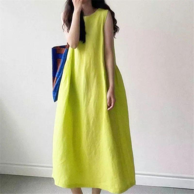 2025 South korea Summer New Chic Sleeveless Vest Loose Meat Covering over the Knee Long Cotton and Linen Dress Women