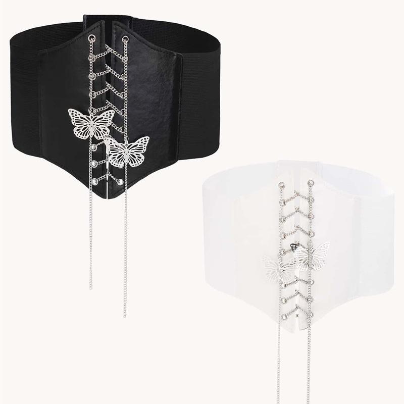 Women's Stretch Corset Waistband Butterfly Chain Wide Waistband Elastic Hip Hop Belt