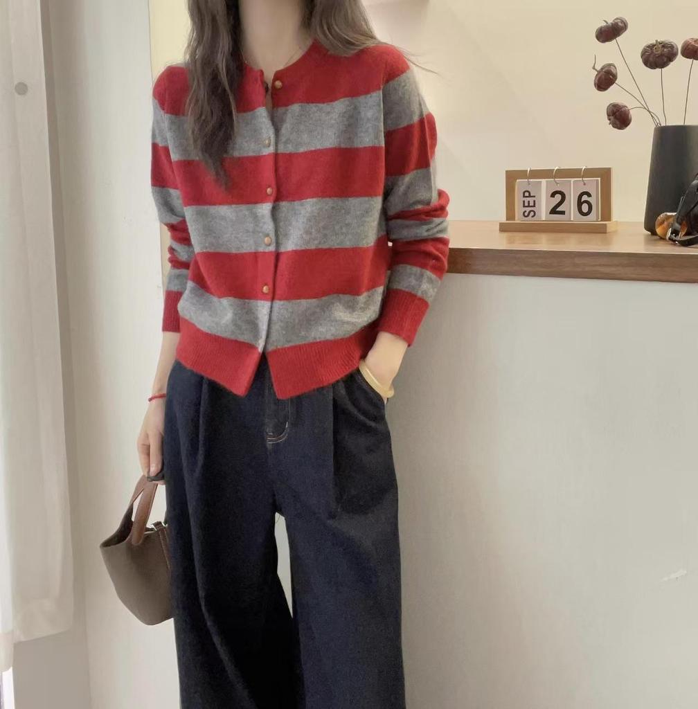 Women's Color Block Wool Cardigan - Autumn/Winter Round Neck Knit Sweater with Contrast Stripes