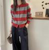 Women's Color Block Wool Cardigan - Autumn/Winter Round Neck Knit Sweater with Contrast Stripes