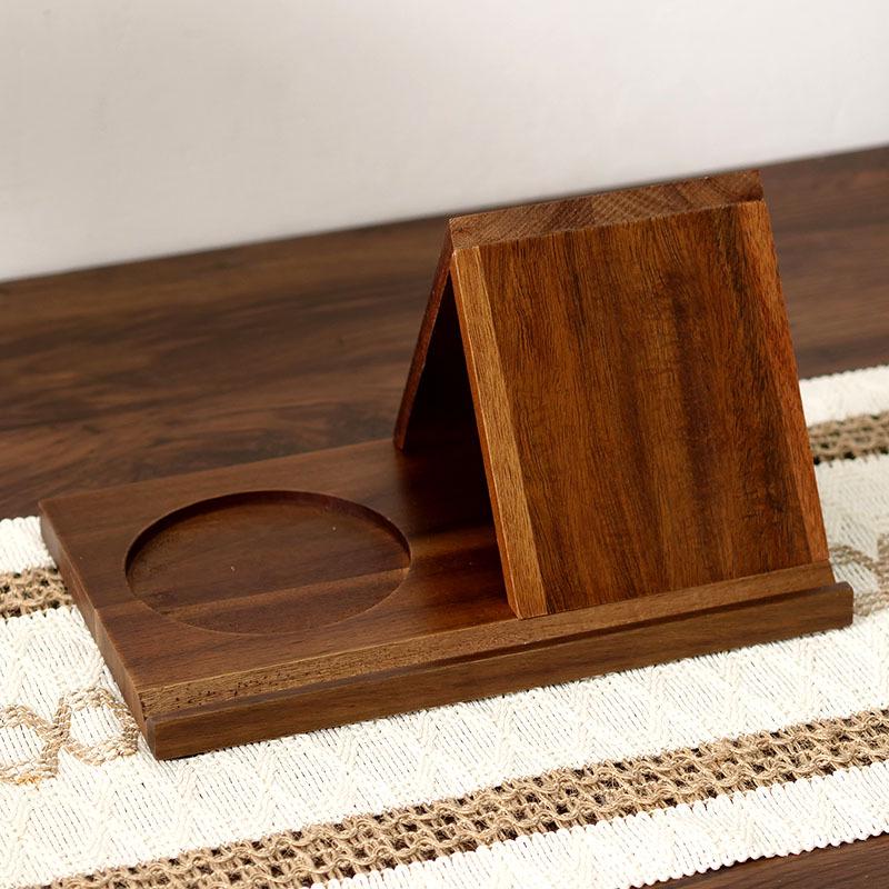 Acacia Wood Triangle Bookshelf & Coaster - Multifunctional Solid Wood Bookshelf for Bedroom or Kitchen with Recipe Rack & Bookmark Holder.