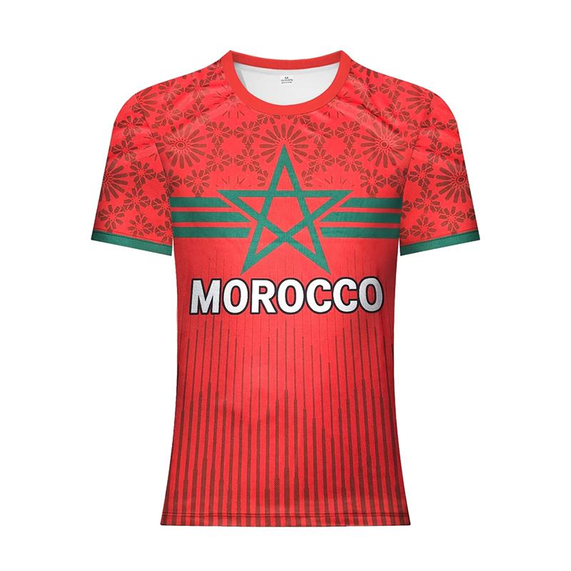 Men Morocco Football T-shirt 3D Print Flag Graphic Street Sports Short Sleeve T Shirts Summer Casual Loose Fashion Stripe Tees