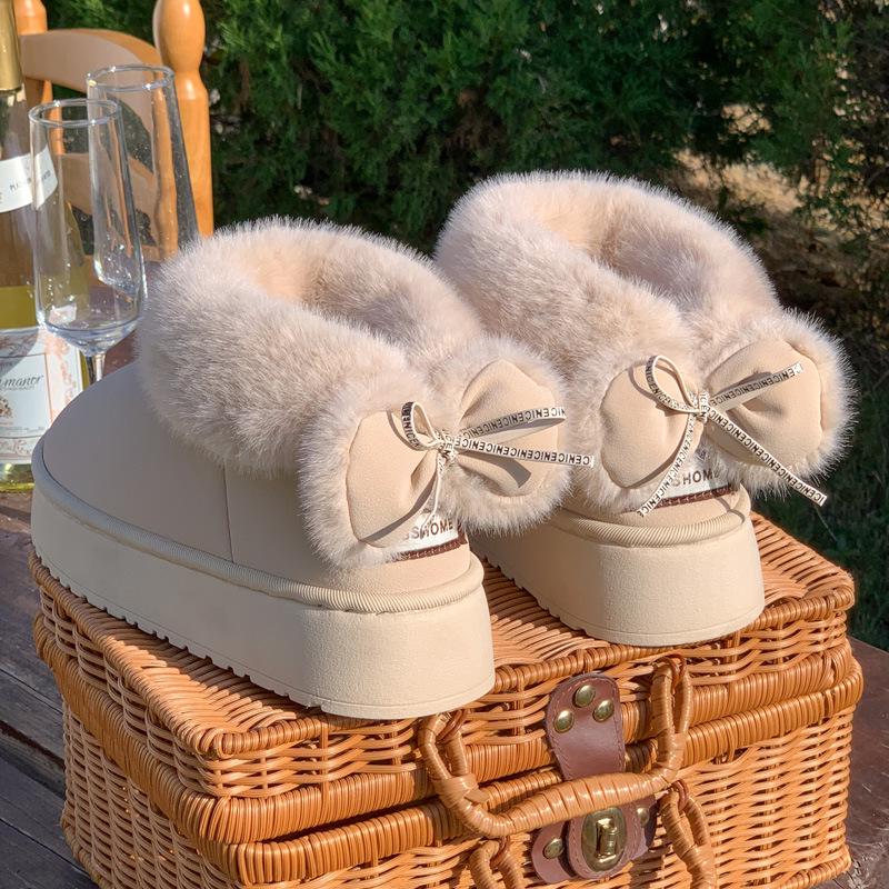 Women's and Men's Winter Non-Slip Thick-Soled Height-Boosting Fur-Trimmed Bowknot Plush Cotton Snow Boots