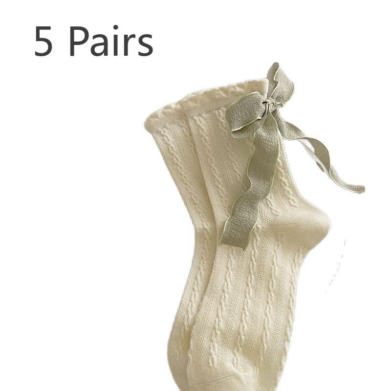 5 Pairs of Women's Spring Thin Breathable Heel Tie Bow Pile Socks