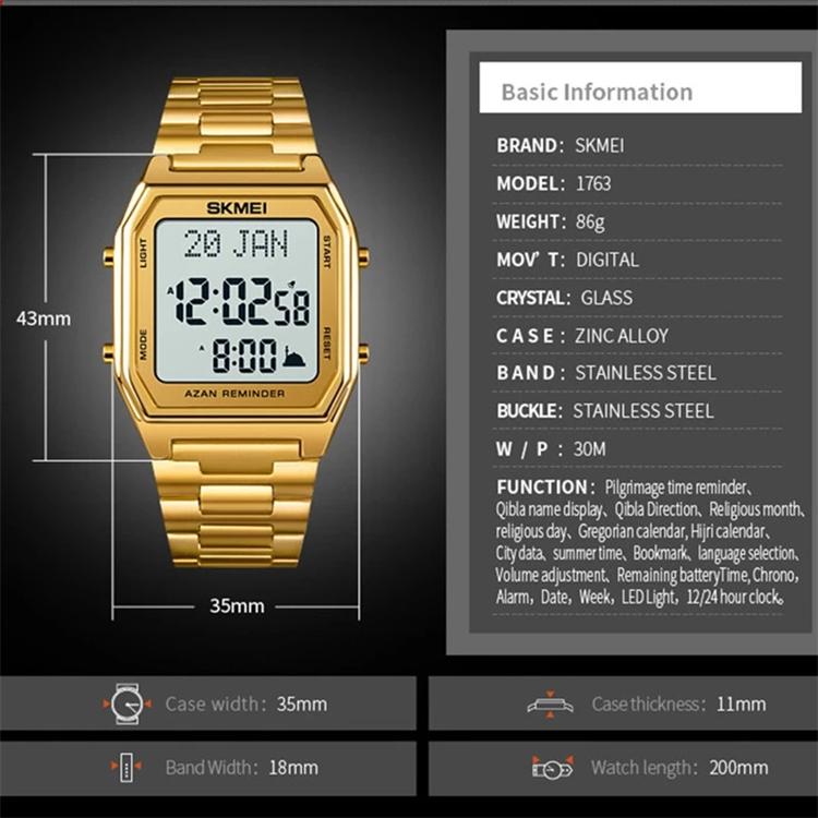 SKMEI 1763 Men's Luxury Sport Square Digital Watch Alarm LED Chronograph Japan Made Quartz Movement 30M Waterproof Stainless