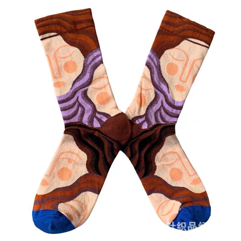 Șosete la modă cu pictură în ulei franceză: Șosete de vițel colorate, cu tub mediu-înalt, de nișă, la modă pentru femei