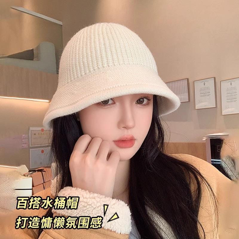Women S Solid Knit Bucket Hat Korean Style Versatile Face Slimming Winter Hat