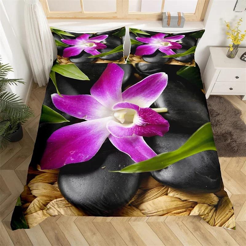 Zen Stones King Duvet Cover Sandy Beach Bedding Set Microfiber Purple Phalaenopsis Comforter Cover Meditation Bedspread Cover