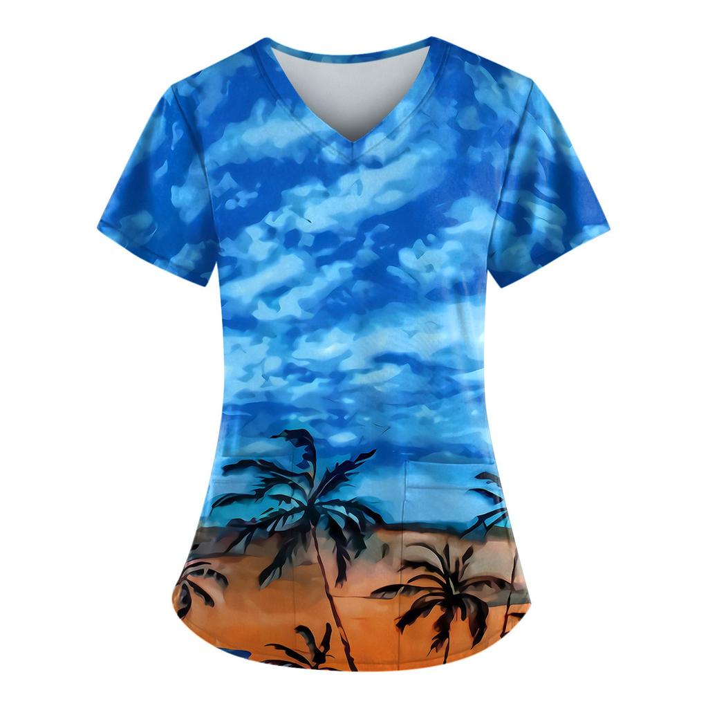 Hawaiian Top For Women Fashion Printed Short Sleeve V Neck Pattern Tops Pocket Working T-shirts