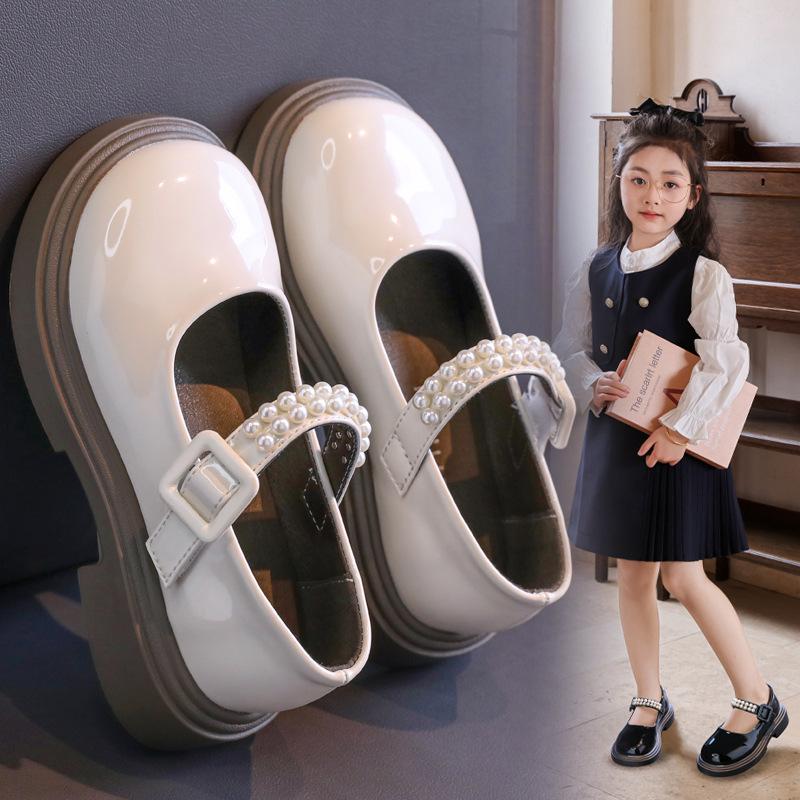Girls Black Patent Leather Pearl Decor Buckle Mary Jane Thick Sole Shoes