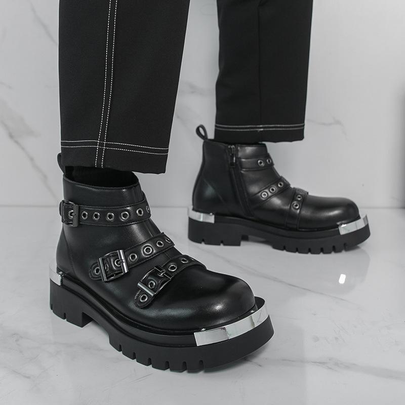 

Large size round head buckle rivet locomotive short boots coffee rain side zipper boots W2 38 чёрный
