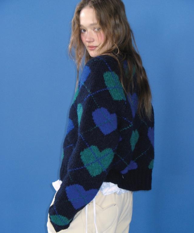 RONRON Heart Argyle Heavy Crop Knit Navy