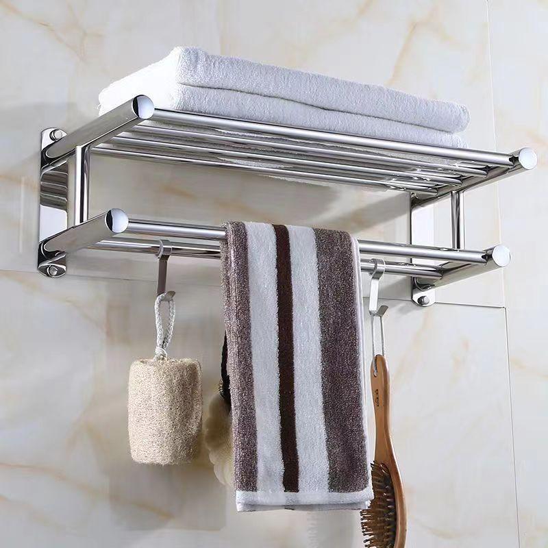 Stainless Steel Towel Rack No Drill Damage Free Storage with Adjustable Hooks for Rental House Bathroom