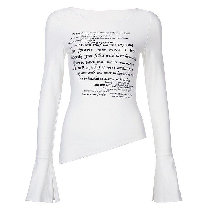 

2025 Early Autumn American-Style Small Letter Print Flared Sleeve Slit T-Shirt for Women, Round Neck, Slim Fit, Versatile, Trendy Top White S