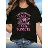 Plus Size, FOREVER CHASING SUNSETS Graphic Print Plus Size Women's T-shirt, Short Sleeve Crew Neck Casual Top for Summer & Spring, Women's Clothing