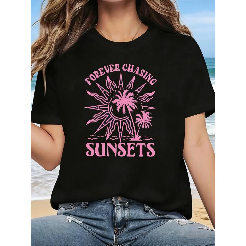 Plus Size, FOREVER CHASING SUNSETS Graphic Print Plus Size Women s T-shirt, Short Sleeve Crew Neck Casual Top for Summer & Spring, Women s Clothing S чёрный