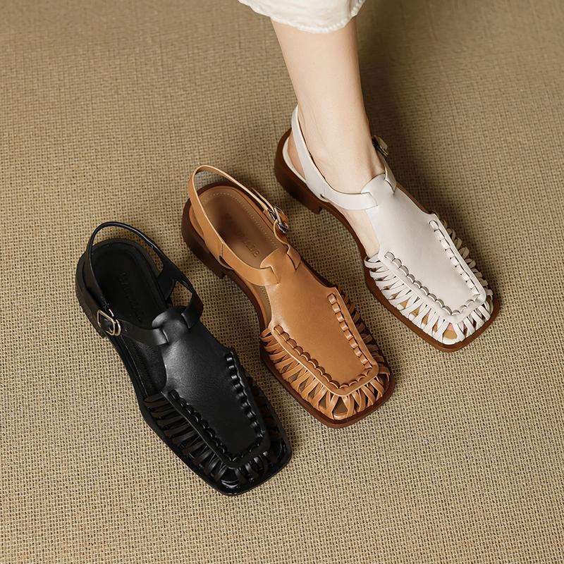 Fashion Women's new summer square head genuine leather cowhide low heel retro elastic buckle comfortable breathable hooded Roman sandals
