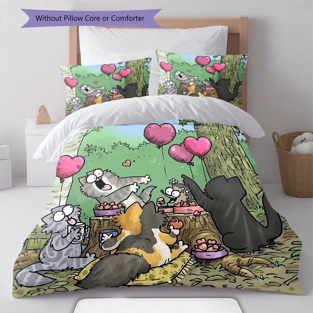 Simon's Cat Pattern Bedding,Quilt Set Quilt Cover Pillowcase Home Birthday Gift (1 * Duvet Cover + 2 * Pillowcase, Without Core)