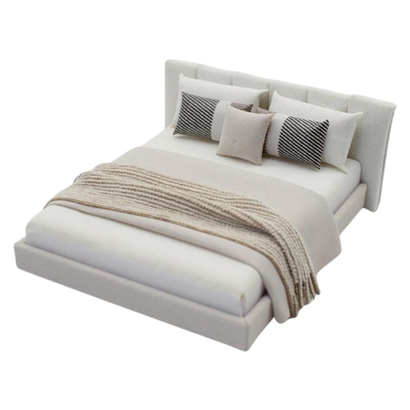 1/20 Dollhouses Bedroom Miniature Double Bed and Beddings Realistic Modern Interior Design Room Scene Display Accessory
