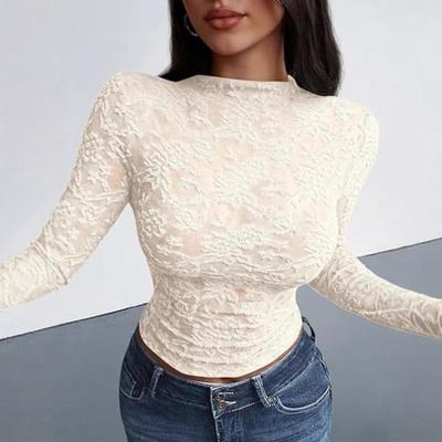 Autumn Sheer Mesh Floral Lace Blouse for Women, V-Neck Sexy Party Clubwear