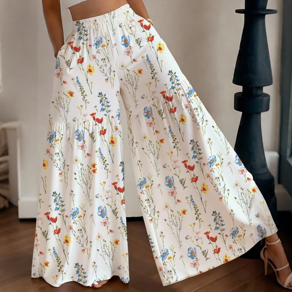 Women's High Waist Wide Leg Pants Loose Fit Lightweight Floral Print Casual Palazzo Trousers with Elastic Waistband and Side Pockets