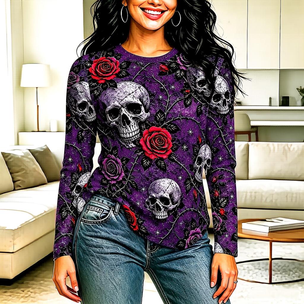 Autumn and Winter Ladies 3D Skull Print Crew Neck Long Sleeve T-Shirt