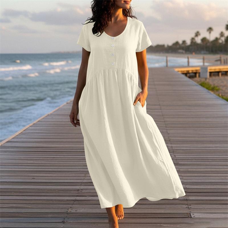 Women's U-Neck Button Front Short Sleeve Linen Maxi Dress Solid Color Casual Summer