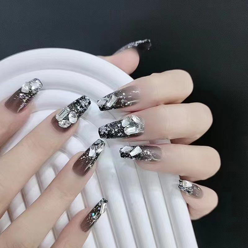 

Medium-Long Black French Aurora Glass Diamond Removable Nail Patches